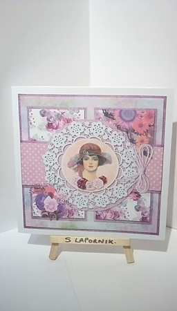 8 x 8 Card Front Shabby Summer Hat Lady with Sentiments, Pink/Violet/White by Susan Lapornik