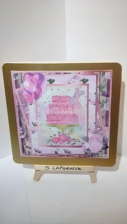 8 x 8 Card Front Pink Glitter Tiered Cake with Sentiments, Pink/Ivory by Susan Lapornik