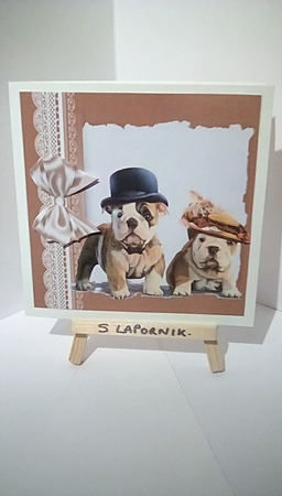 Pretty lace, brown bow abstract 7x7 card front with cute dogs by Susan Lapornik