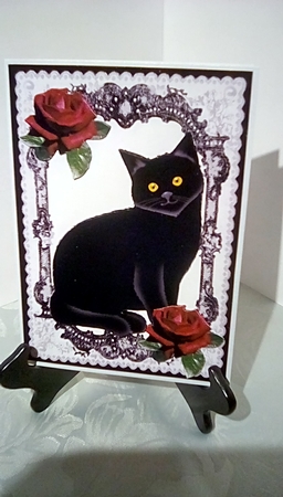 Black Cat in Lace Frame with Red Roses by Susan Lapornik