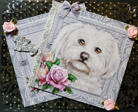 All In One card Cute Dog & Roses by Susan Powell-Barton