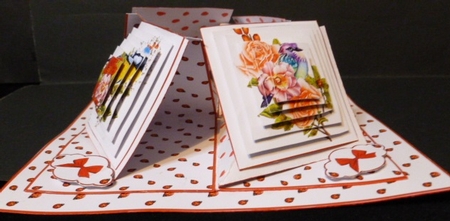 Beautiful birds quad easel card in red and white. by Susan Powell-Barton
