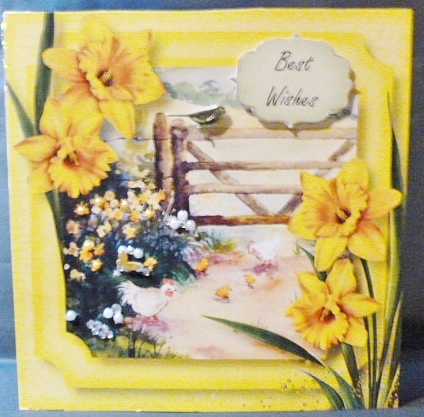 Daffodils & Chickens 8x8 by Susan Powell-Barton