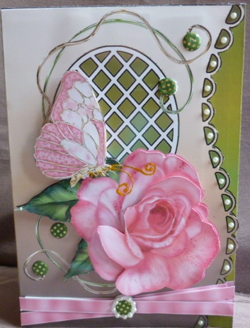 Scalloped S Edged Card - Pink Rose & Pearls by Susan Powell-Barton