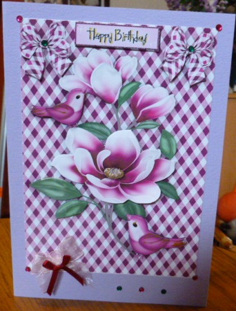 Pretty Pink Magnolia Flowers with Pink Birds in Gingham A4 by Susan Powell-Barton