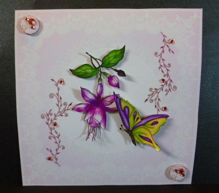 Fuschia and Butterfly on Lace by Susan Powell-Barton