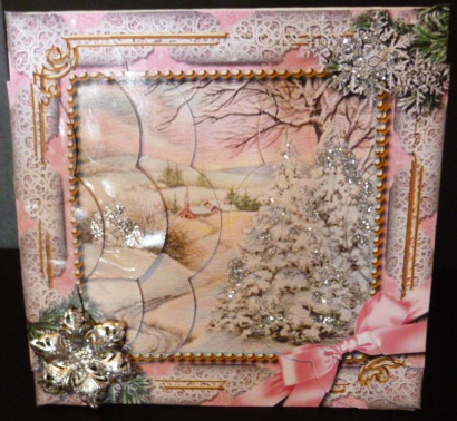 Christmas Stream Pink Snow 5in Scalloped Side Stacker by Susan Powell-Barton