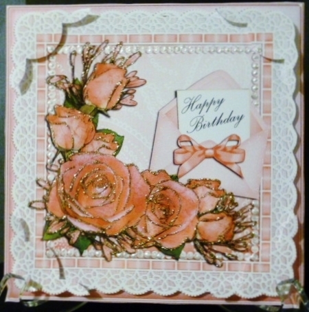 8 x 8 Birthday Roses Lace N Pearls Scalloped Corner Topper by Susan Powell-Barton