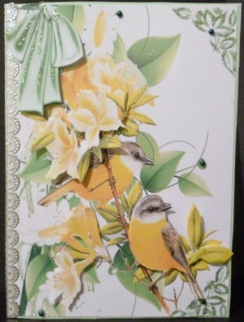Yellow Birds with Flowers and Bow A4 by Susan Powell-Barton