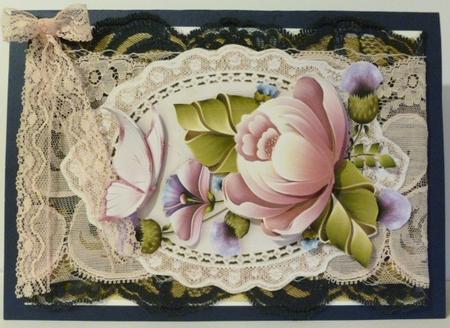 Pretty Flowers on Vintage Lace with Butterfly A4 by Susan Powell-Barton