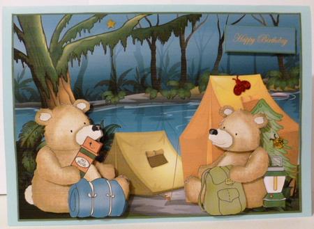 Teddy Bear Campers Card Front with Decoupage and Sentiment T by Susan Powell-Barton