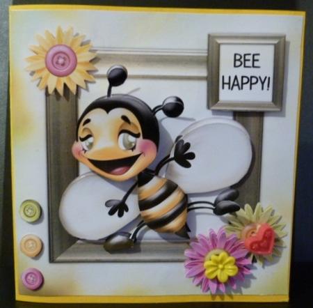 Happy Bee 6x6 Decoupage Card - Yellow, Green & Pink by Susan Powell-Barton