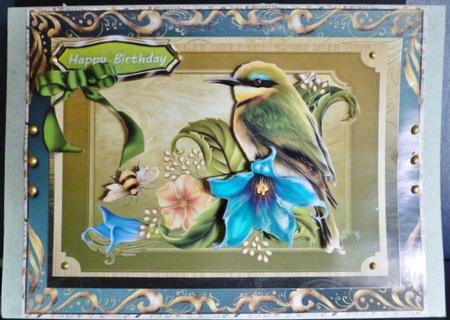 Lovely Green Bird ,bees,and Flowers by Susan Powell-Barton
