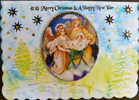 Nativity in Glass on Purple Scalloped Envelope A4 by Susan Powell-Barton