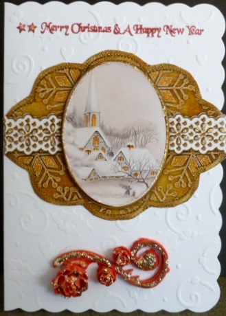 Pretty Snow Village Warm Anglaise Scallop Card Shaker Frame by Susan Powell-Barton
