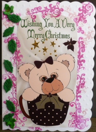 Christmas Teddy in Black Teacup with Holly Trifold by Susan Powell-Barton