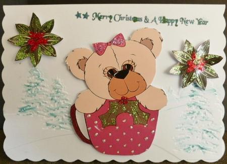 Christmas Bear in Pink Teacup with Holly Trifold by Susan Powell-Barton