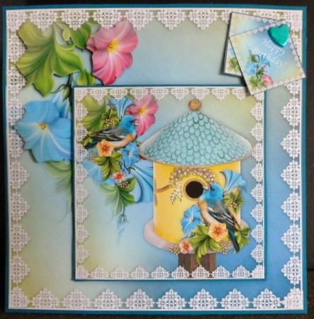 8 x 8 Dawn Chorus at the Bird House Card Topper + Greeting by Susan Powell-Barton