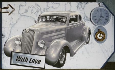 Vintage Silver Car with Pipe and Fob Watch on Vintage Tag by Susan Powell-Barton