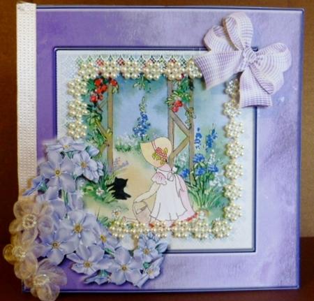 8x8 Silk with Forget Me Nots and Cute Girl Decoupage by Susan Powell-Barton
