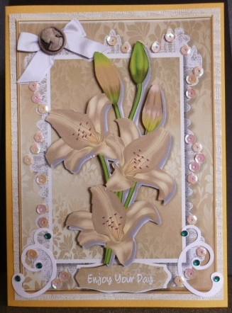 Beautiful Golden Lillys on Lace  by Susan Powell-Barton