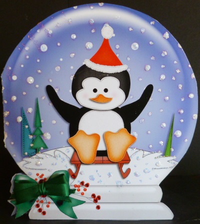 Xmas Sledging Penguin Snow Globe Shaped Card by Susan Powell-Barton
