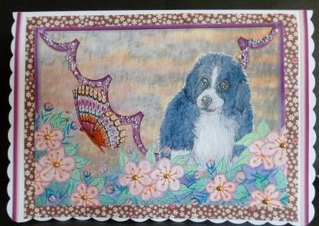 Puppy Watches Butterfly on Cherry Blossom A4 Mock Envelope by Susan Powell-Barton