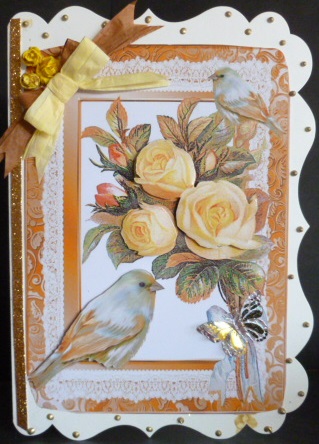 Bouquet of Yellow Roses with Bow & Birds by Susan Powell-Barton