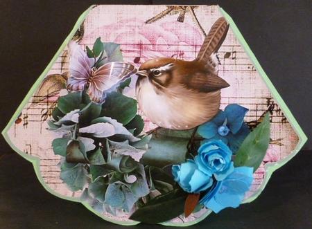 Little Bird on Rose and Music Scroll Scalloped Rocker Card by Susan Powell-Barton