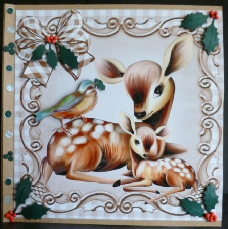Mum & Baby Deer with Little Bird & Bow 8x8 by Susan Powell-Barton