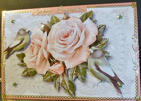 Pink Roses on Vintage Lace with Birds by Susan Powell-Barton