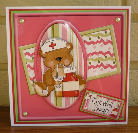 Get Well Soon Pink Teddy Square Card Topper by Susan Skipper