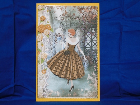 1950's Lady Country Stroll Card Front and Decoupage by Susan Smith