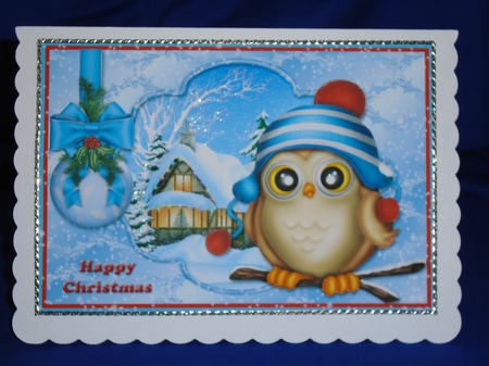 Christmas Owl and Bauble Blue Card Front by Susan Smith