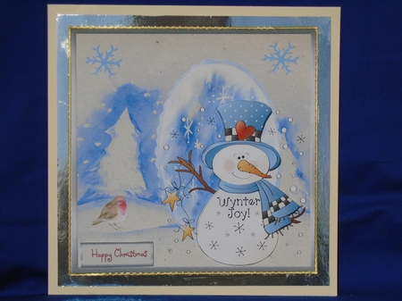 Wynter Joy Snowman 7x7 card with decoupage by Susan Smith