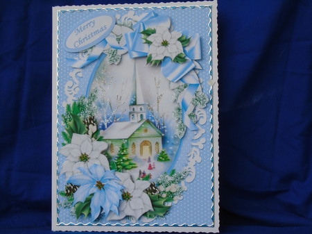 Blue Christmas vintage church scene with poinsettia mini kit by Susan Smith