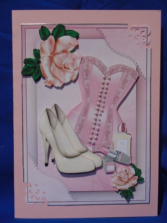 Pretty corset with pink and cream accessories & roses A5 by Susan Smith