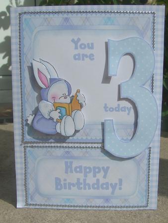 Birthday Bunny for 1/2/3 Year Old Boy - Easel Card/topper by Susan Smith