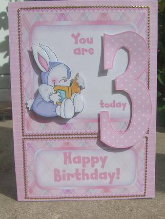Birthday Bunny for 1/2/3 Year Old Girl - Easel Card/topper by Susan Smith