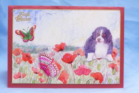 Puppy Watching Butterflies on Poppies Decoupage Topper by Susan Smith
