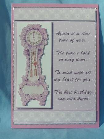 Purple Floral Clock Time of Year Birthday Card Front by Susan Smith