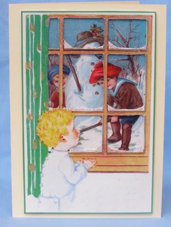 Looking Out of the Window at Children Building a Snowman Card Front by Susan Smith