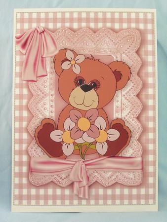 Little Teddy with Flowers in Pink Lace Frame A4 by Susan Smith