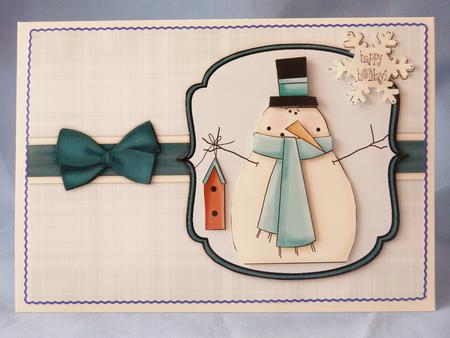 Snowman with Birdhouse Decoupage Card - Aqua by Susan Smith