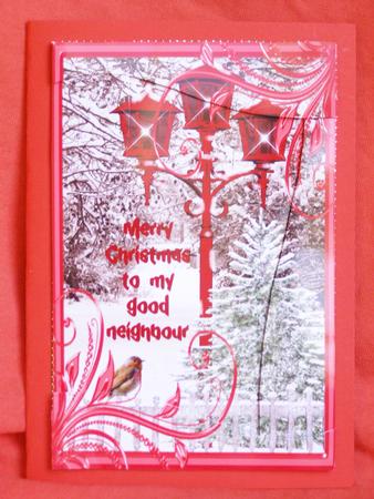 Merry Christmas to My Good Neighbour - Tree Lamppost Robin by Susan Smith