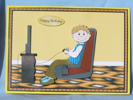 Gamer Boy Yellow Card Front with Decoupage by Susan Smith