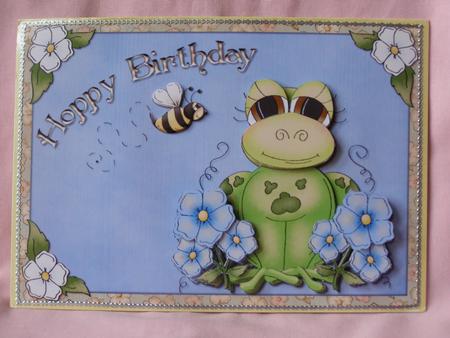 Male Hoppy Birthday Frog Card Front and Decoupage by Susan Smith
