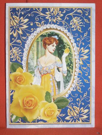 Decoupage Roses Vintage Lady Yellow Dress - Blue Card Front by Susan Smith