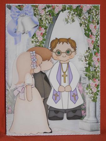 Wedding Couple with Priest in Rose Garden by Susan Smith