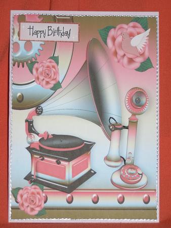 Pink Gramophone and Phone with Pink Roses in Steampunk Frame by Susan Smith